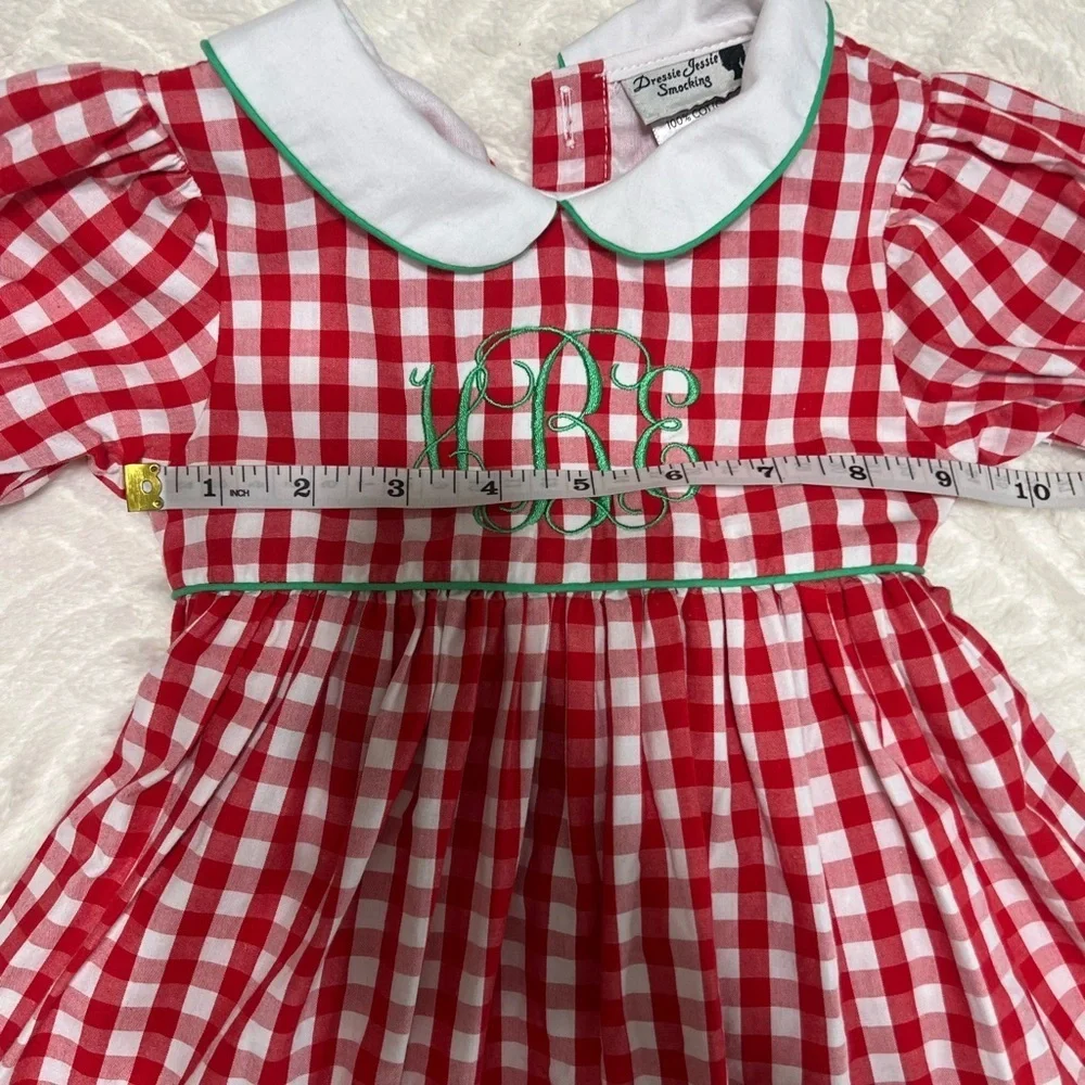 Dressie Jessie Smocking Baby Girl Christmas Dress 12M Red Gingham Monogram EUC